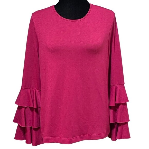 Drew Magenta Tiered Ruffle Bell Sleeve Stretch Blouse Top Medium NWT - Picture 1 of 7